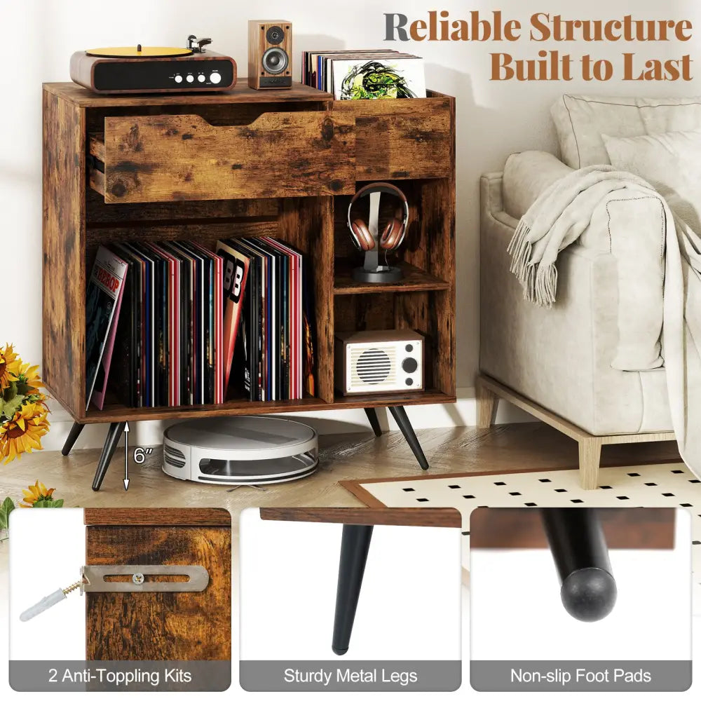 Record Player Stand with Power Outlet-Rustic Brown - Rustic Brown - End & Side Tables