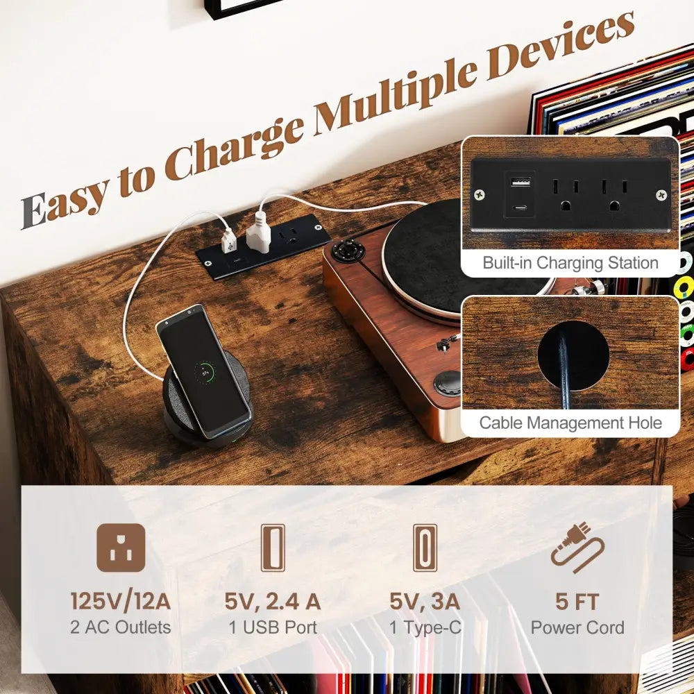 Record Player Stand with Power Outlet-Rustic Brown - Rustic Brown - End & Side Tables