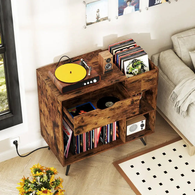 Record Player Stand with Power Outlet-Rustic Brown - Rustic Brown - End & Side Tables