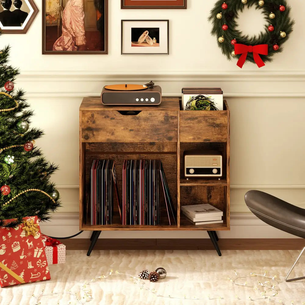 Record Player Stand with Power Outlet-Rustic Brown - Rustic Brown - End & Side Tables