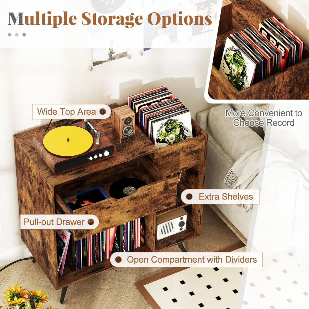 Record Player Stand with Power Outlet-Rustic Brown - Rustic Brown - End & Side Tables