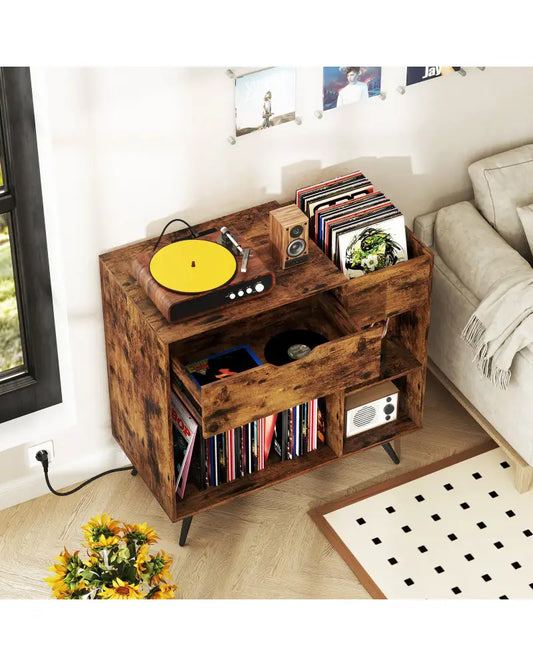 Record Player Stand with Power Outlet-Rustic Brown - Rustic Brown - End & Side Tables