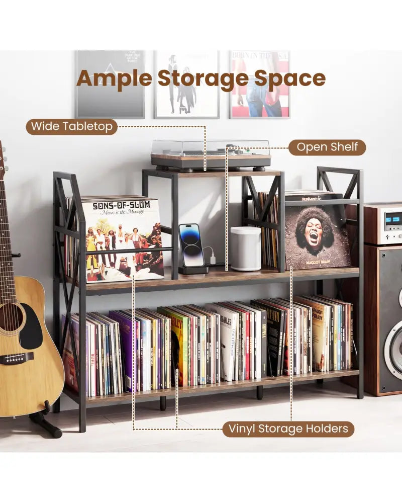 Record Player Stand with Power Outlets and Vinyl Storage and Dividers for Albums-Rustic Brown - Rustic Brown - End &