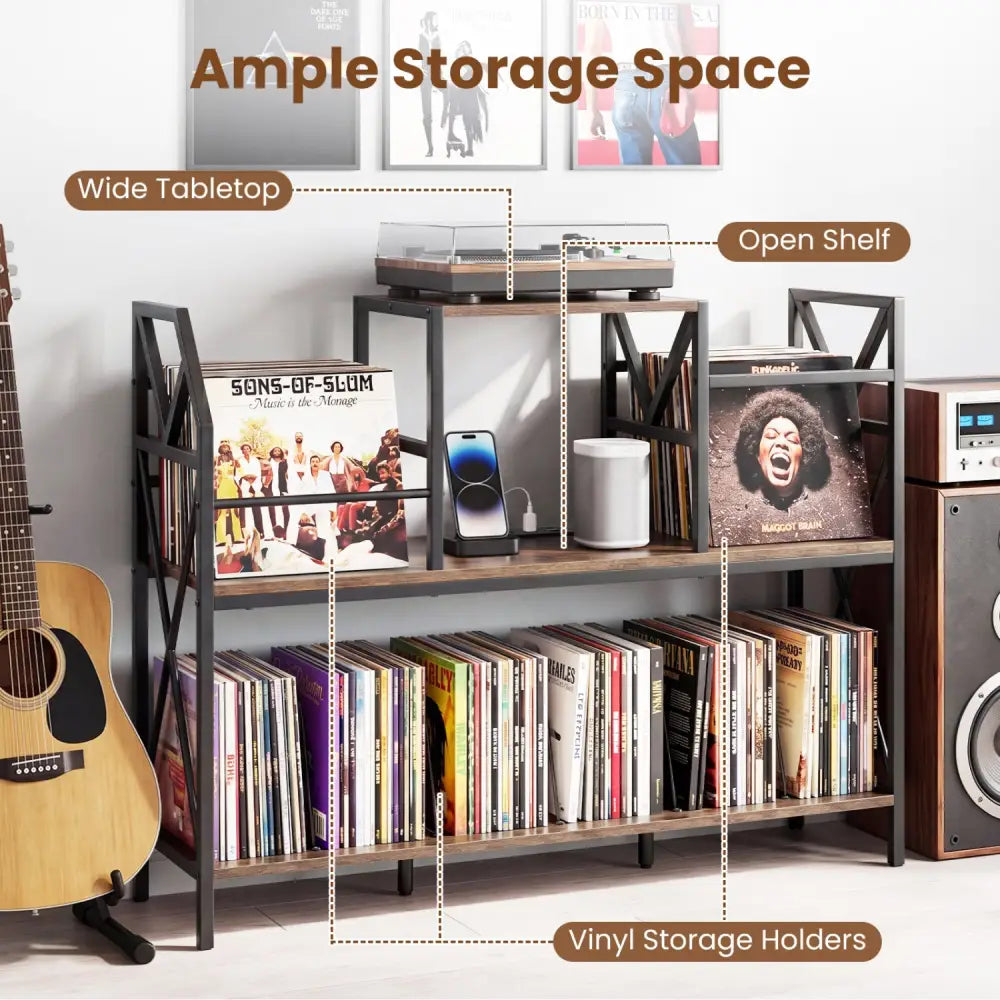 Record Player Stand with Power Outlets and Vinyl Storage and Dividers for Albums-Rustic Brown - Rustic Brown - End &