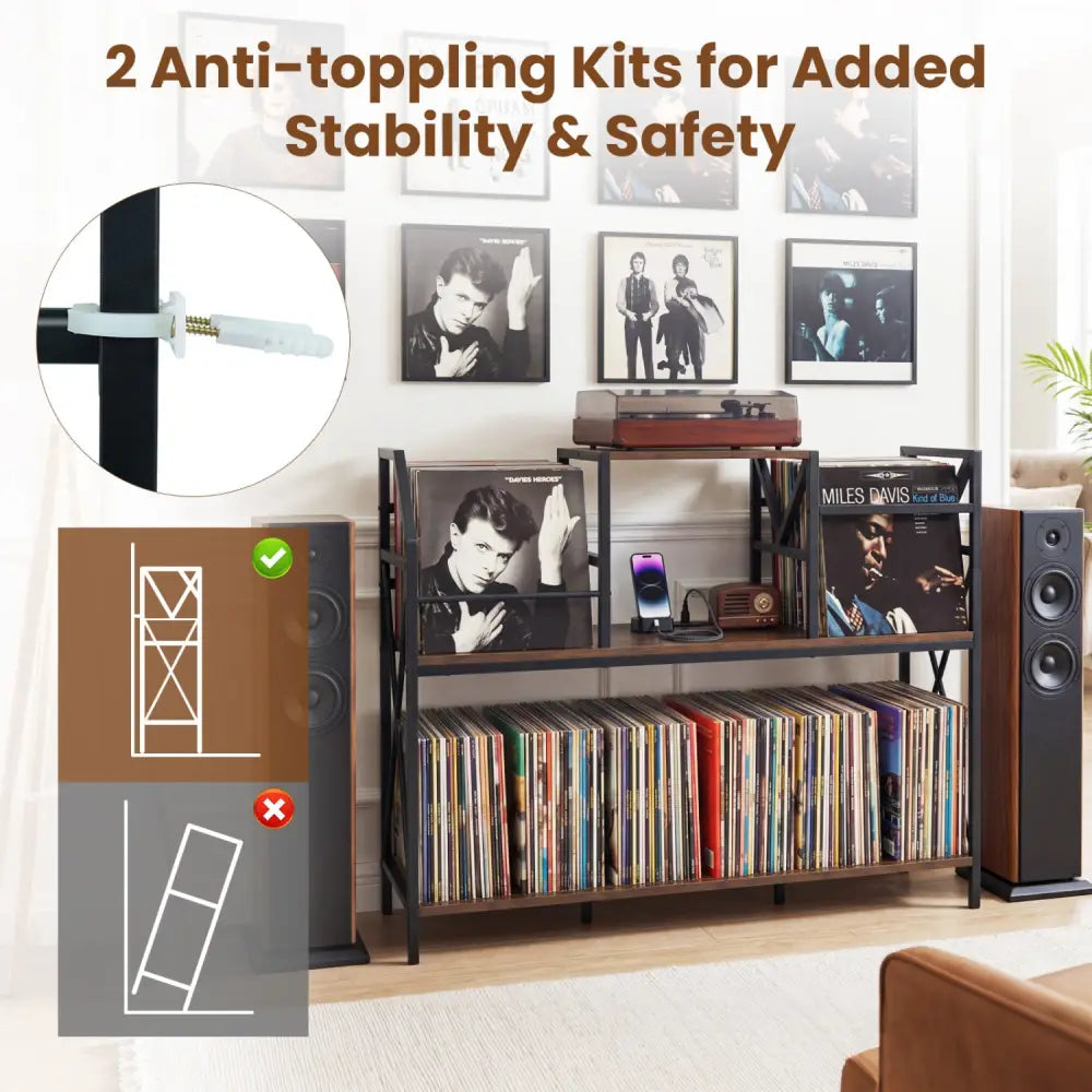 Record Player Stand with Power Outlets and Vinyl Storage and Dividers for Albums-Rustic Brown - Rustic Brown - End &
