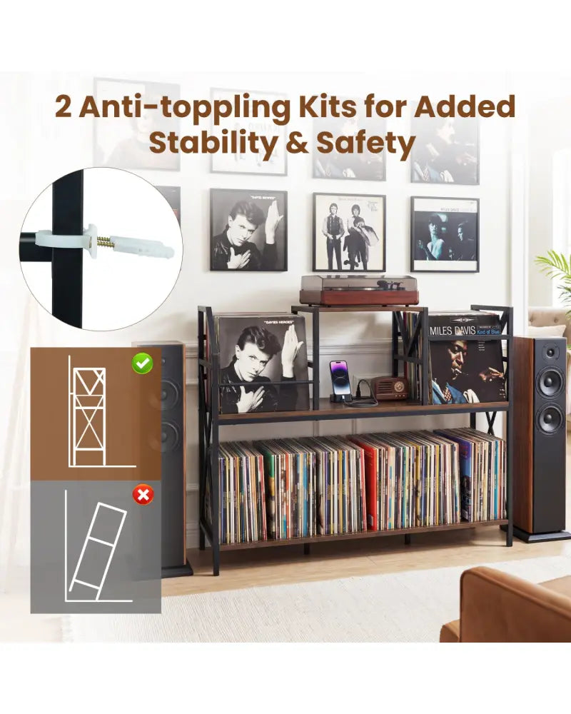 Record Player Stand with Power Outlets and Vinyl Storage and Dividers for Albums-Rustic Brown - Rustic Brown - End &