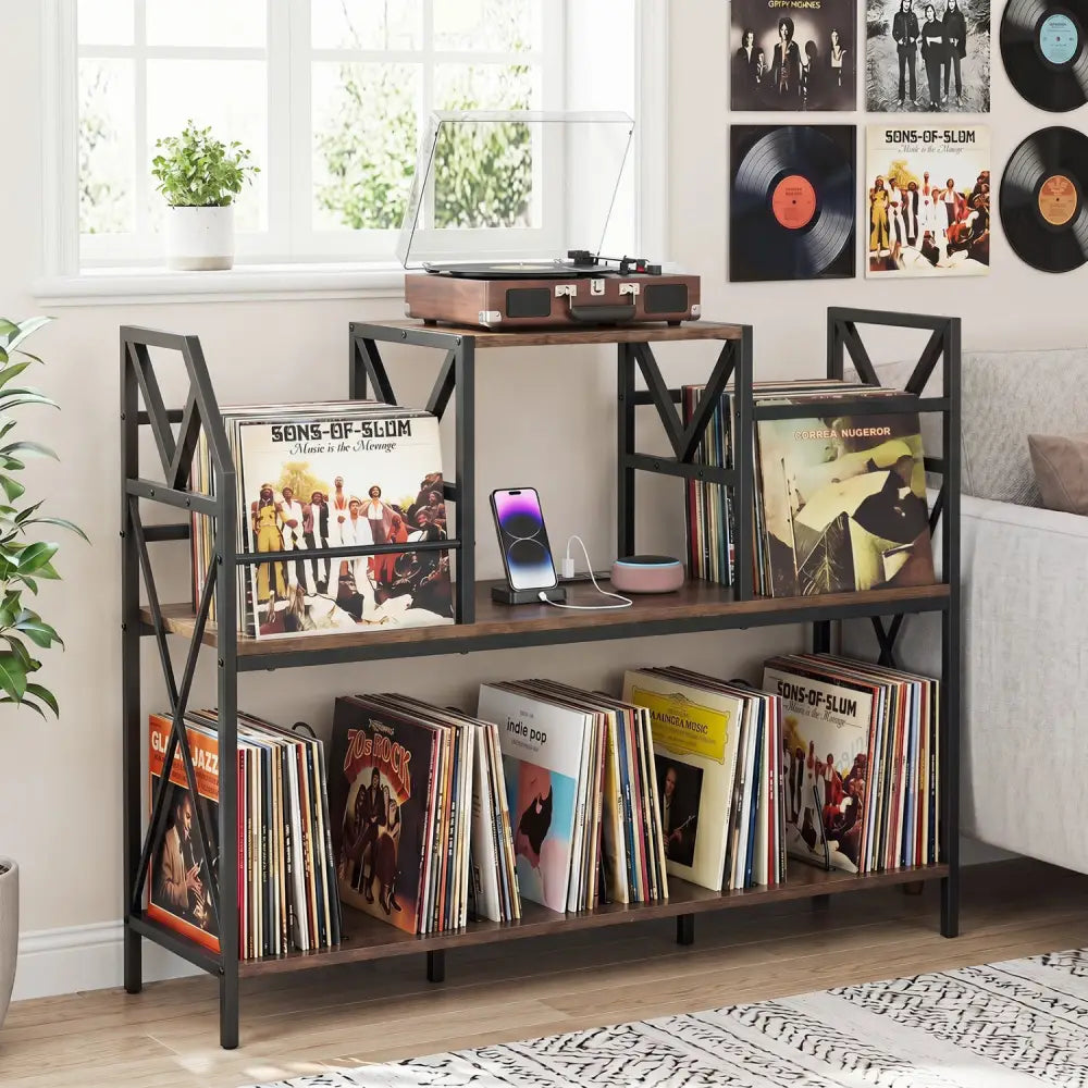 Record Player Stand with Power Outlets and Vinyl Storage and Dividers for Albums-Rustic Brown - Rustic Brown - End &