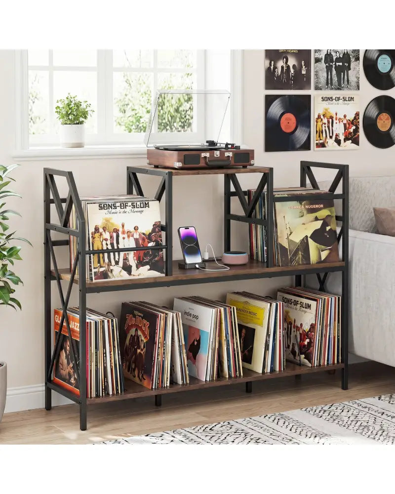 Record Player Stand with Power Outlets and Vinyl Storage and Dividers for Albums-Rustic Brown - Rustic Brown - End &