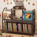 Record Player Stand with Power Outlets and Vinyl Storage and Dividers for Albums-Rustic Brown - Rustic Brown - End &