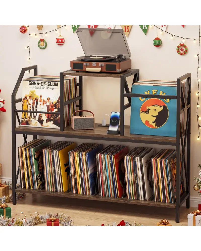 Record Player Stand with Power Outlets and Vinyl Storage and Dividers for Albums-Rustic Brown - Rustic Brown - End &