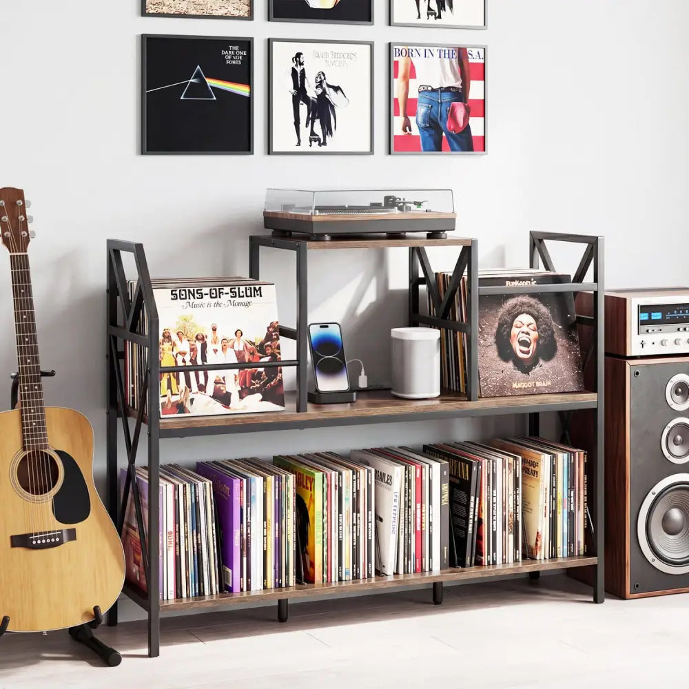 Record Player Stand with Power Outlets and Vinyl Storage and Dividers for Albums-Rustic Brown - Rustic Brown - End &