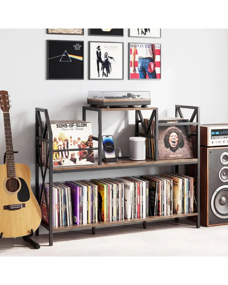 Record Player Stand with Power Outlets and Vinyl Storage and Dividers for Albums-Rustic Brown - Rustic Brown - End &