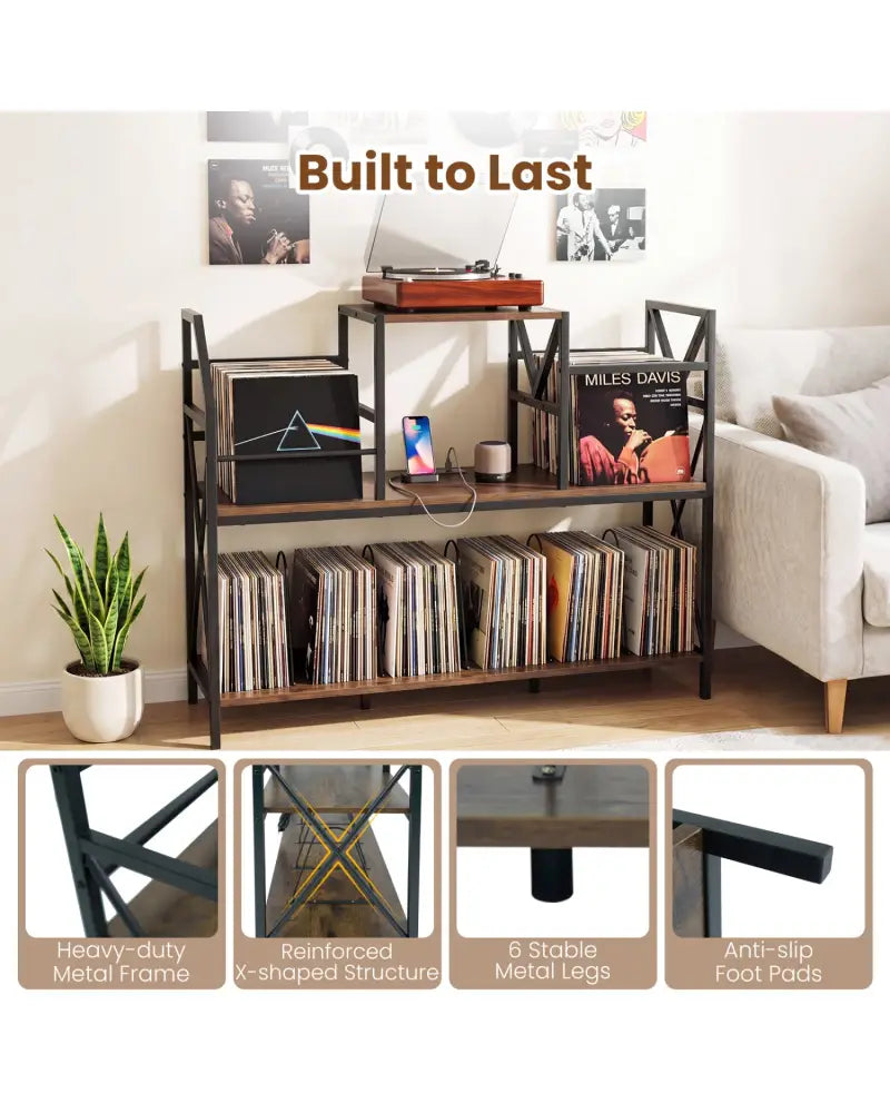 Record Player Stand with Power Outlets and Vinyl Storage and Dividers for Albums-Rustic Brown - Rustic Brown - End &