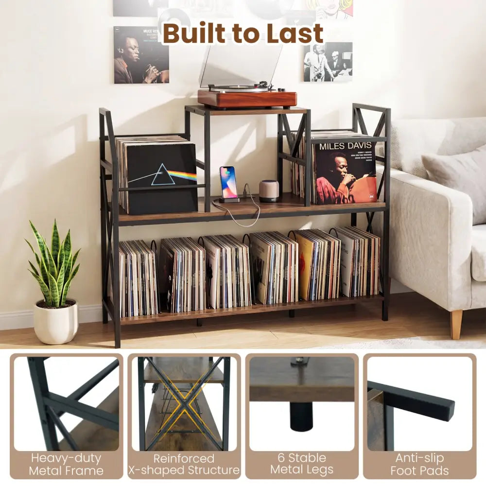 Record Player Stand with Power Outlets and Vinyl Storage and Dividers for Albums-Rustic Brown - Rustic Brown - End &