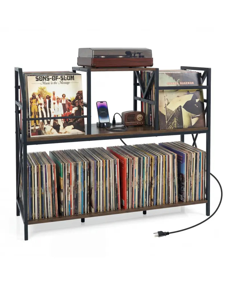Record Player Stand with Power Outlets and Vinyl Storage and Dividers for Albums-Rustic Brown - Rustic Brown - End &
