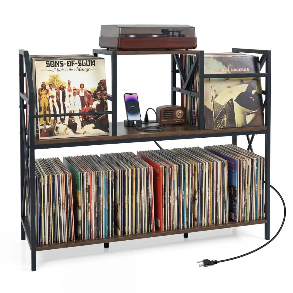 Record Player Stand with Power Outlets and Vinyl Storage and Dividers for Albums-Rustic Brown - Rustic Brown - End &