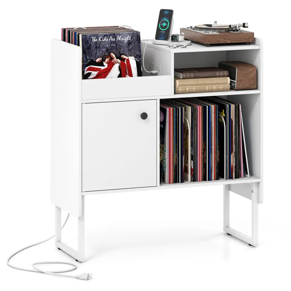 Record Player Stand with Power Outlets and Vinyl Storage Holder up to 250 Albums-White - White - End & Side Tables