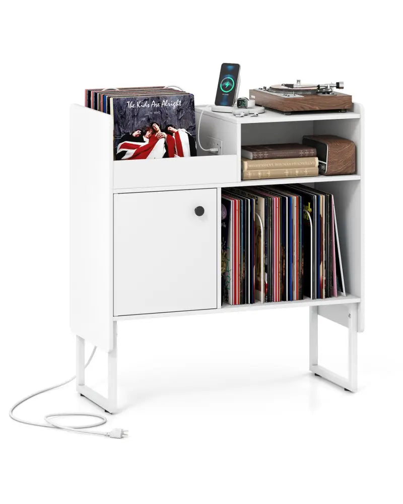 Record Player Stand with Power Outlets and Vinyl Storage Holder up to 250 Albums-White - White - End & Side Tables