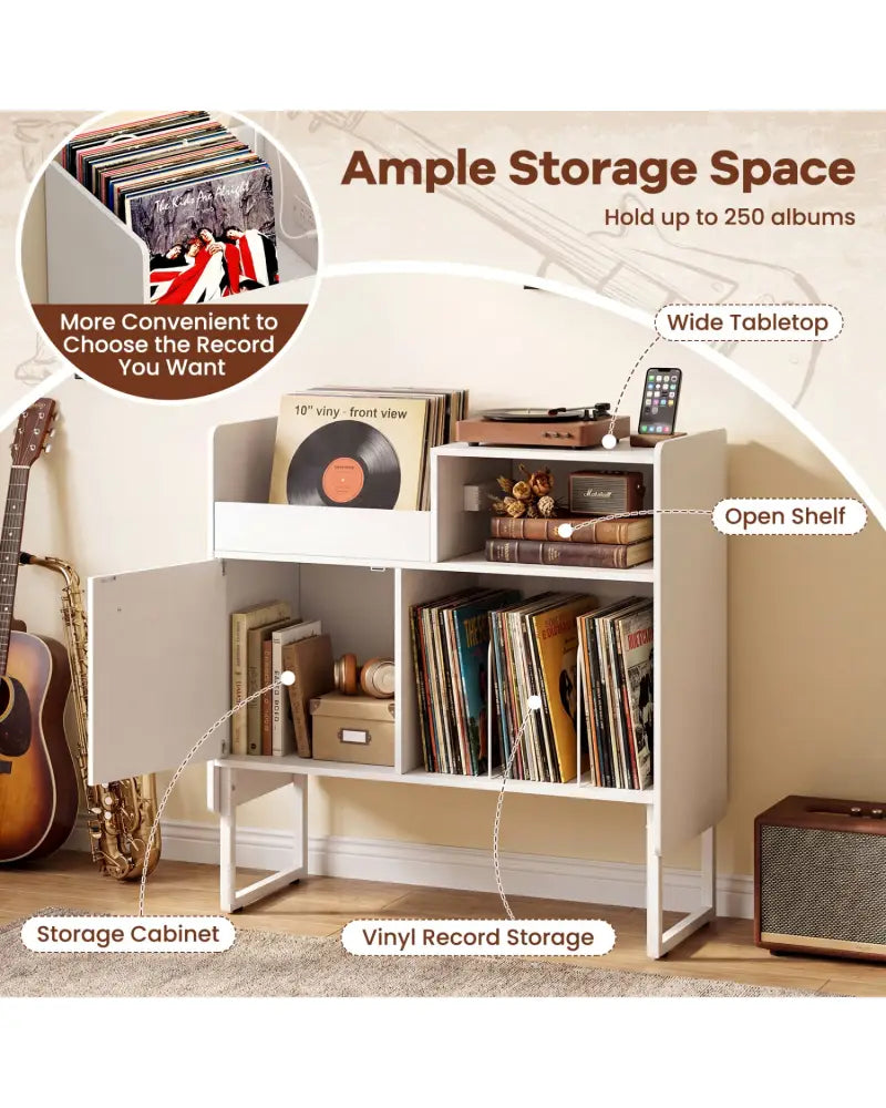 Record Player Stand with Power Outlets and Vinyl Storage Holder up to 250 Albums-White - White - End & Side Tables
