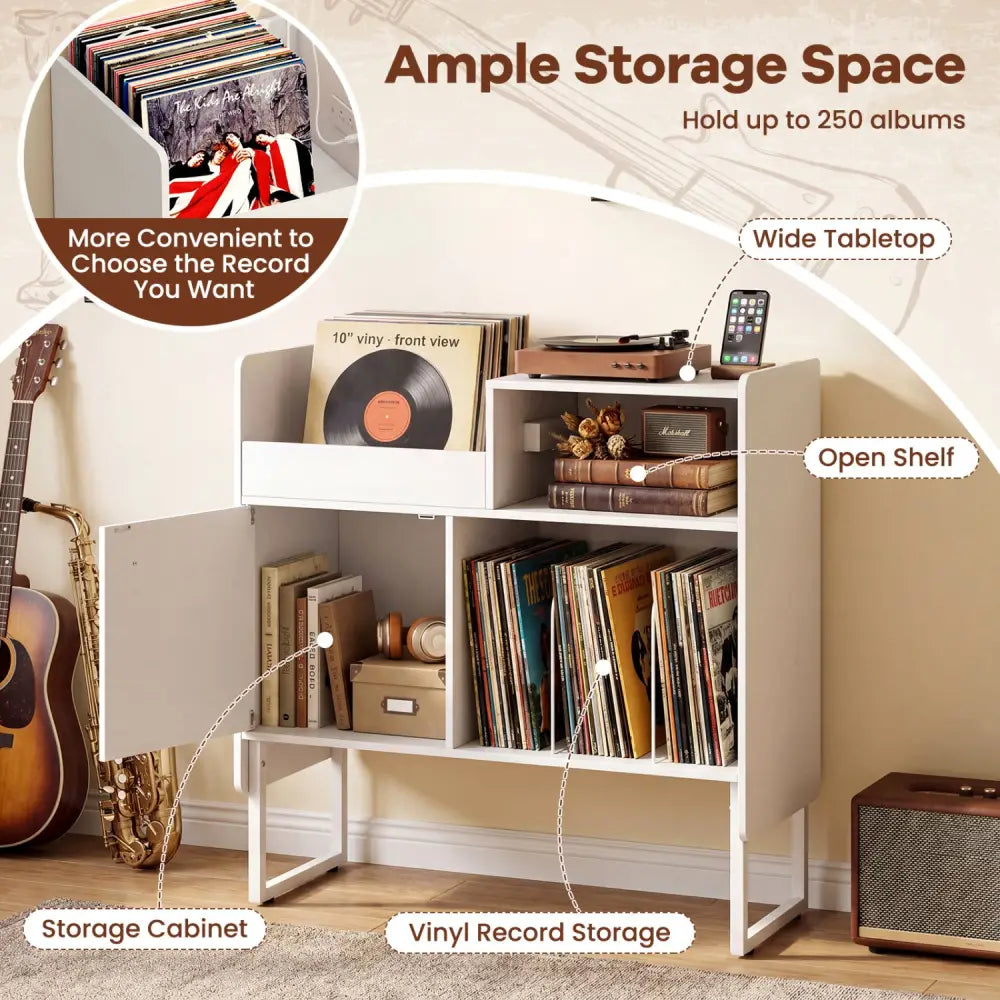 Record Player Stand with Power Outlets and Vinyl Storage Holder up to 250 Albums-White - White - End & Side Tables