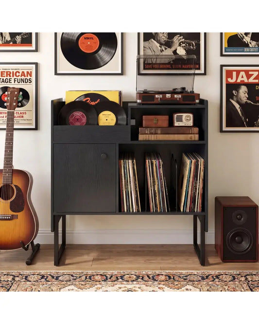 Record Player Stand with Power Outlets and Vinyl Storage Holder up to 250 Albums-Black - Black - End & Side Tables