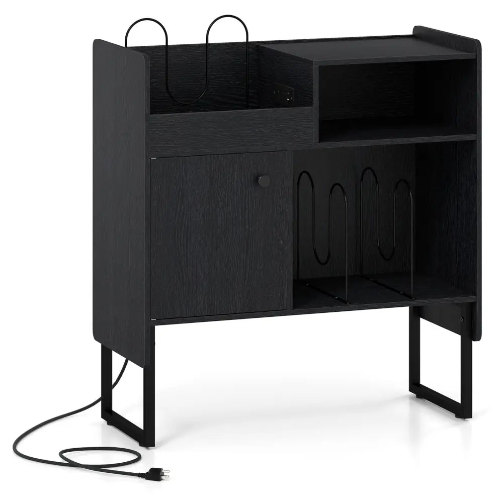 Record Player Stand with Power Outlets and Vinyl Storage Holder up to 250 Albums-Black - Black - End & Side Tables