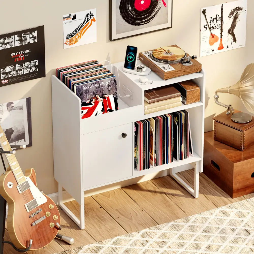 Record Player Stand with Power Outlets and Vinyl Storage Holder up to 250 Albums-White - White - End & Side Tables
