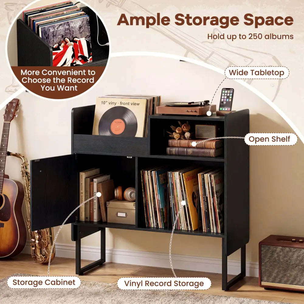 Record Player Stand with Power Outlets and Vinyl Storage Holder up to 250 Albums-Black - Black - End & Side Tables