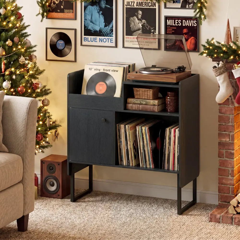 Record Player Stand with Power Outlets and Vinyl Storage Holder up to 250 Albums-Black - Black - End & Side Tables