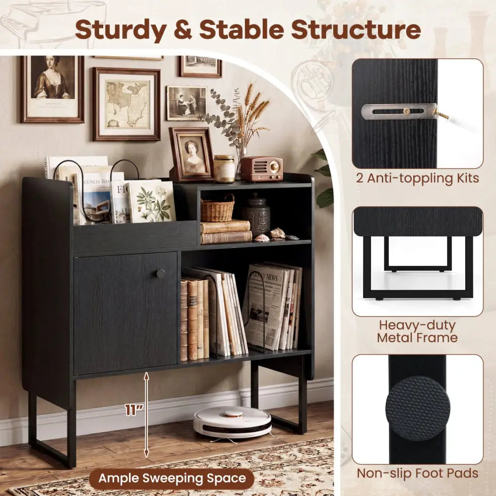Record Player Stand with Power Outlets and Vinyl Storage Holder up to 250 Albums-Black - Black - End & Side Tables