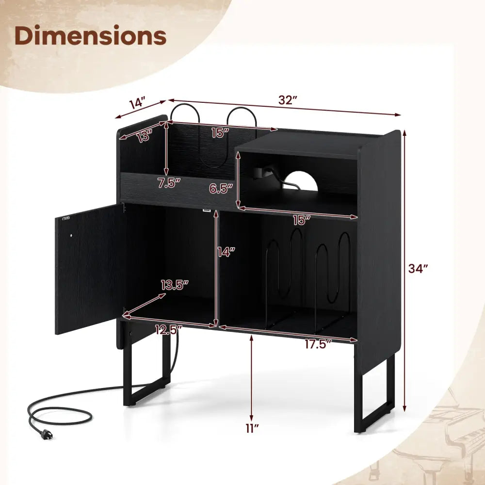 Record Player Stand with Power Outlets and Vinyl Storage Holder up to 250 Albums-Black - Black - End & Side Tables
