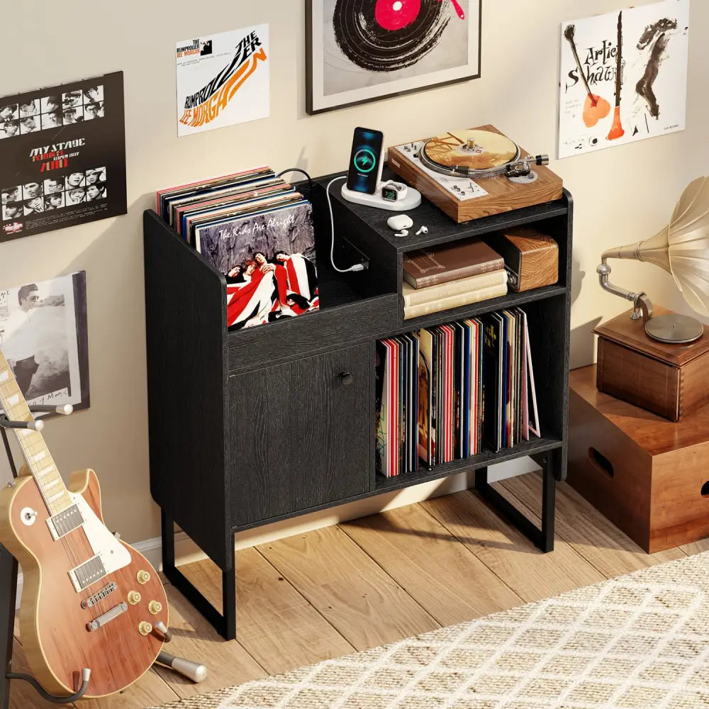 Record Player Stand with Power Outlets and Vinyl Storage Holder up to 250 Albums-Black - Black - End & Side Tables