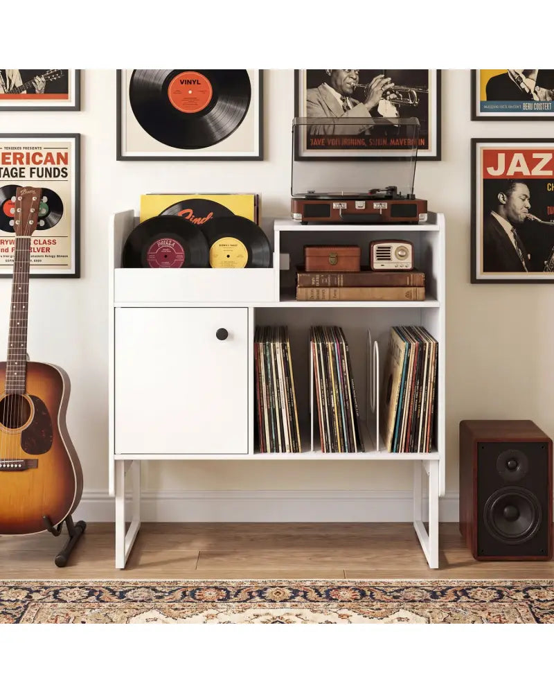 Record Player Stand with Power Outlets and Vinyl Storage Holder up to 250 Albums-White - White - End & Side Tables