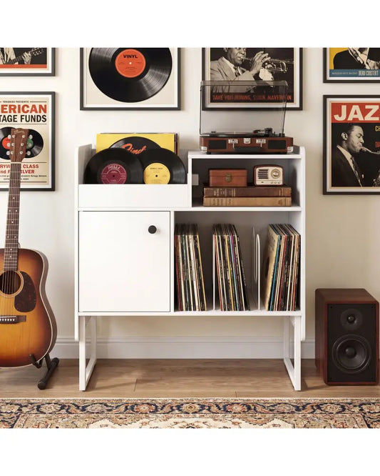 Record Player Stand with Power Outlets and Vinyl Storage Holder up to 250 Albums-White - White - End & Side Tables
