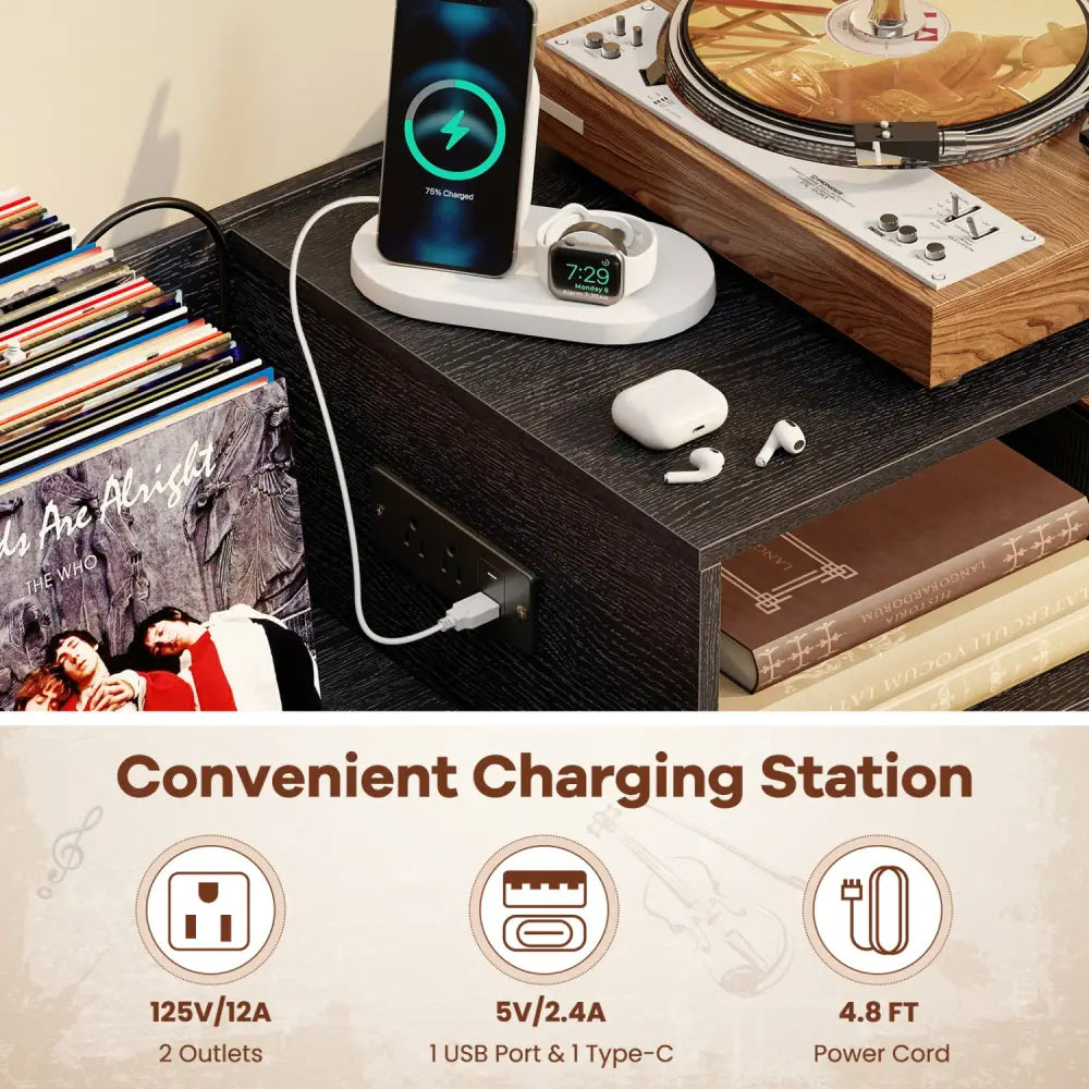 Record Player Stand with Power Outlets and Vinyl Storage Holder up to 250 Albums-Black - Black - End & Side Tables