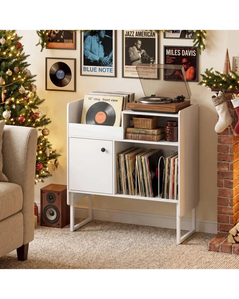 Record Player Stand with Power Outlets and Vinyl Storage Holder up to 250 Albums-White - White - End & Side Tables