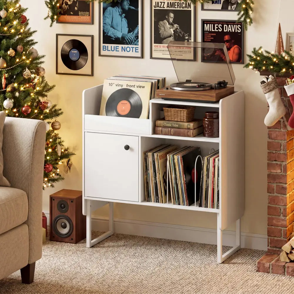 Record Player Stand with Power Outlets and Vinyl Storage Holder up to 250 Albums-White - White - End & Side Tables