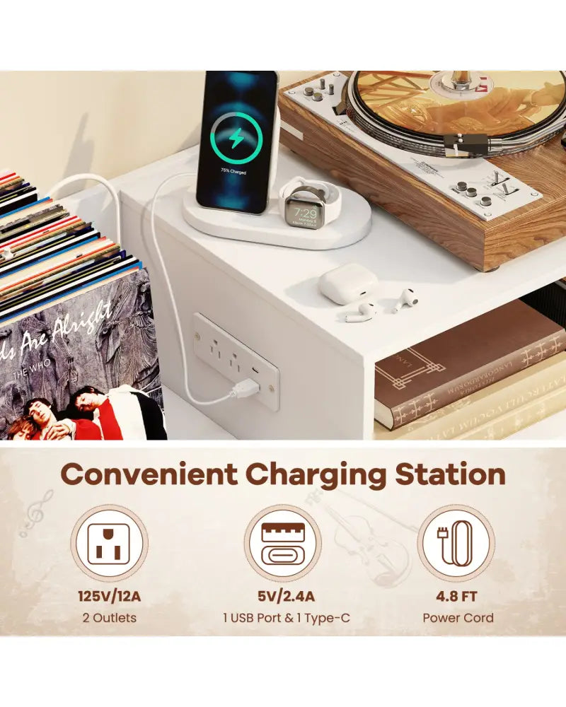 Record Player Stand with Power Outlets and Vinyl Storage Holder up to 250 Albums-White - White - End & Side Tables