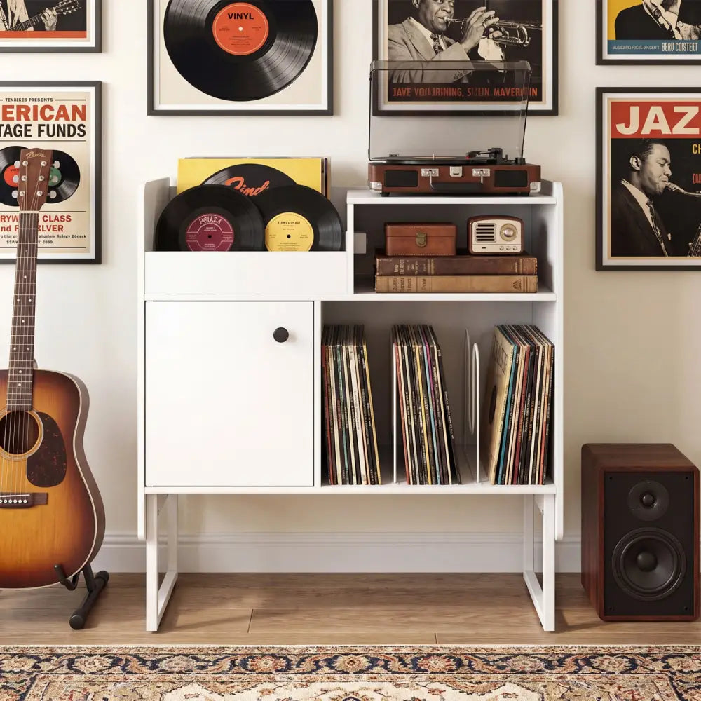 Record Player Stand with Power Outlets and Vinyl Storage Holder up to 250 Albums-White - White - End & Side Tables