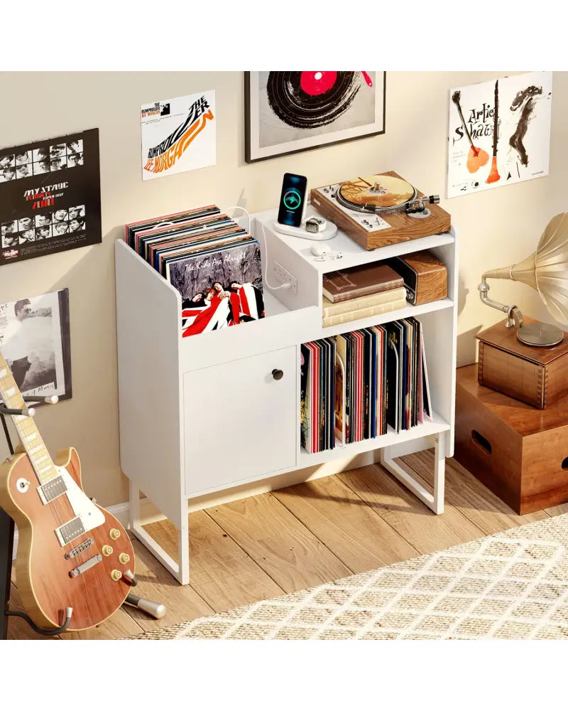 Record Player Stand with Power Outlets and Vinyl Storage Holder up to 250 Albums-White - White - End & Side Tables