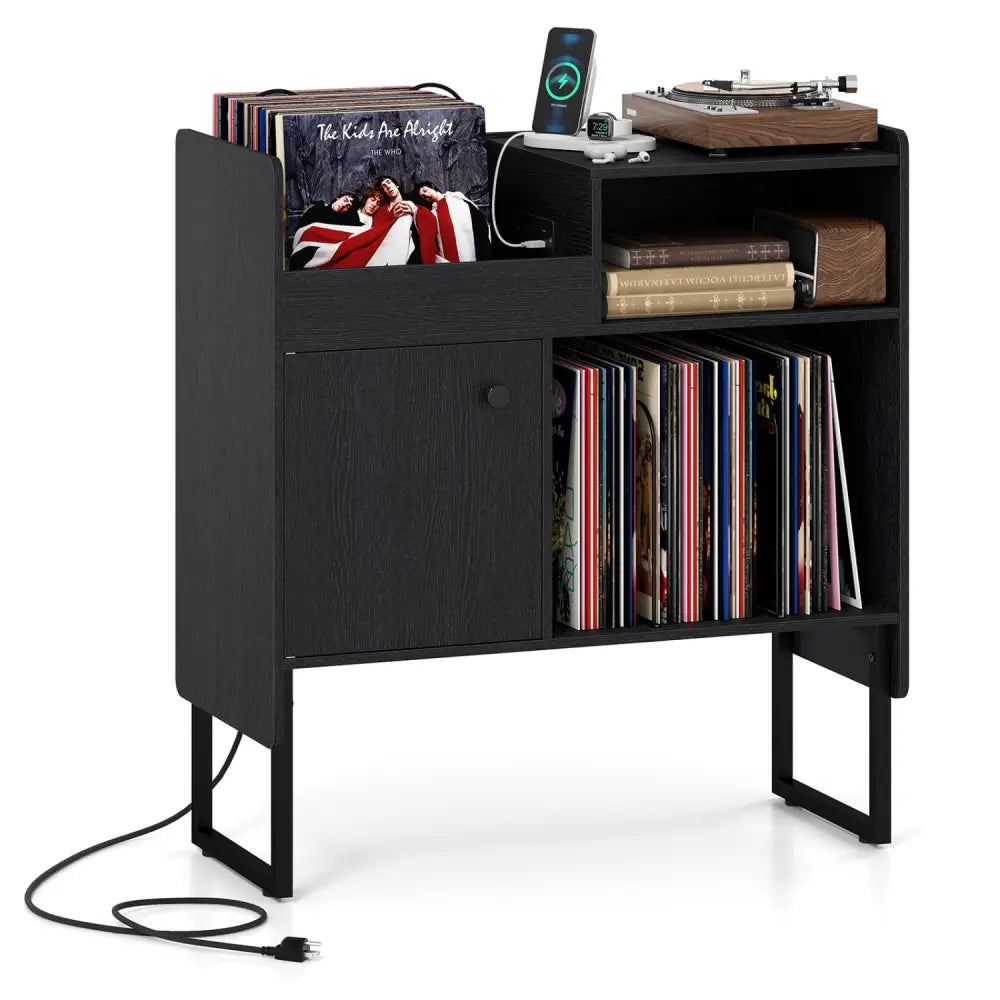 Record Player Stand with Power Outlets and Vinyl Storage Holder up to 250 Albums-Black - Black - End & Side Tables