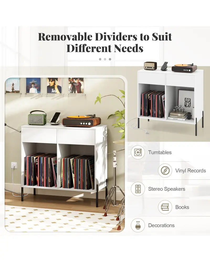 Record Player Stand with Power Outlets Double Wide Turntable Stand Vinyl Record Storage Table-White - White - Cabinets