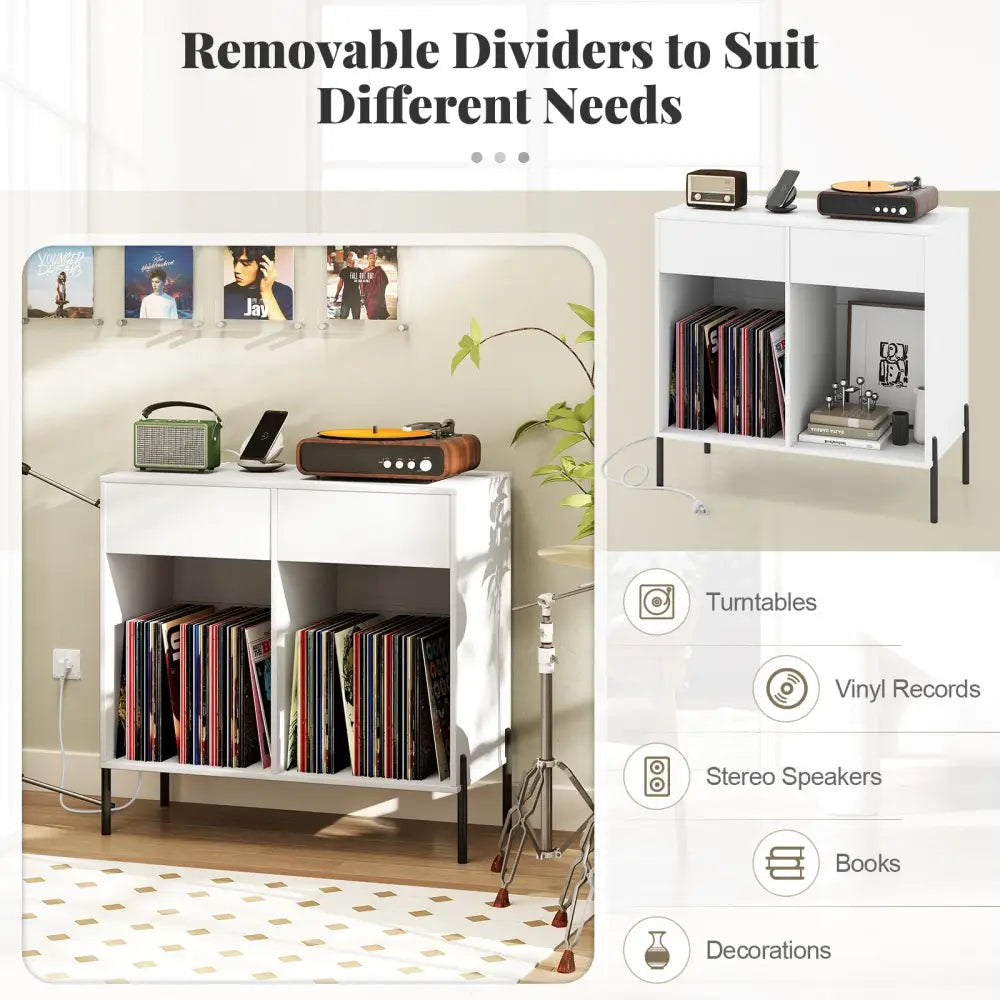 Record Player Stand with Power Outlets Double Wide Turntable Stand Vinyl Record Storage Table-White - White - Cabinets