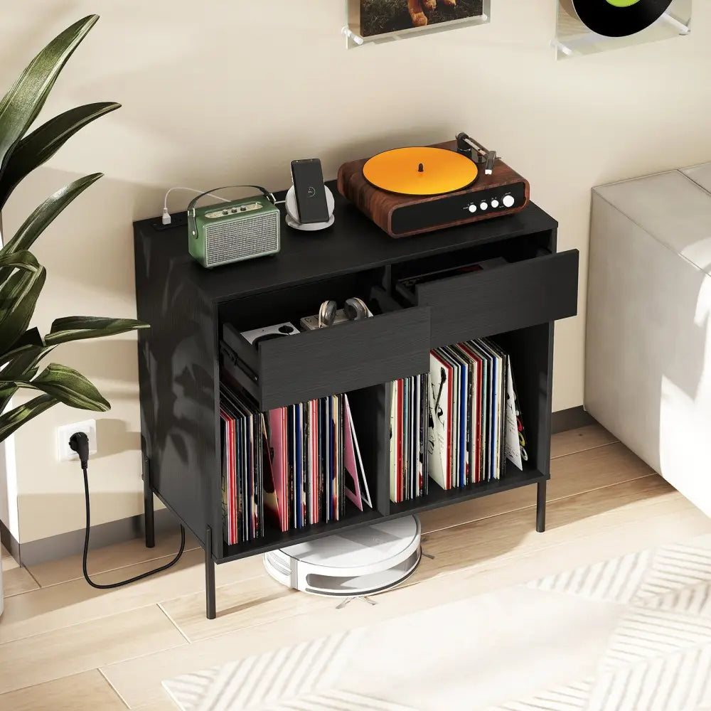 Record Player Stand with Power Outlets Double Wide Turntable Stand Vinyl Record Storage Table-Black - Black - Cabinets