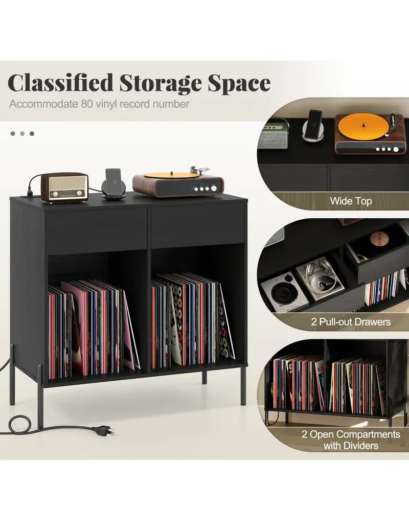 Record Player Stand with Power Outlets Double Wide Turntable Stand Vinyl Record Storage Table-Black - Black - Cabinets