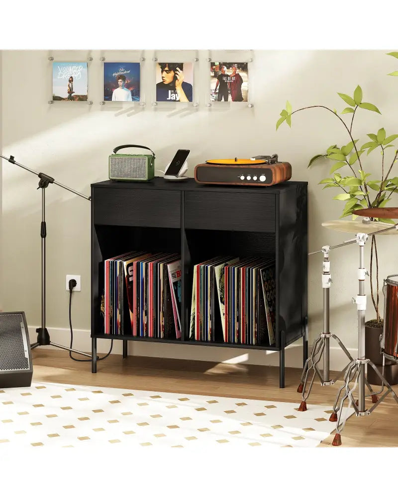 Record Player Stand with Power Outlets Double Wide Turntable Stand Vinyl Record Storage Table-Black - Black - Cabinets