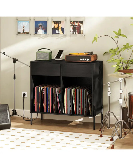 Record Player Stand with Power Outlets Double Wide Turntable Stand Vinyl Record Storage Table-Black - Black - Cabinets