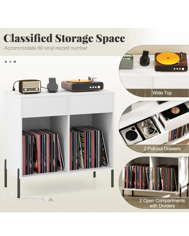 Record Player Stand with Power Outlets Double Wide Turntable Stand Vinyl Record Storage Table-White - White - Cabinets