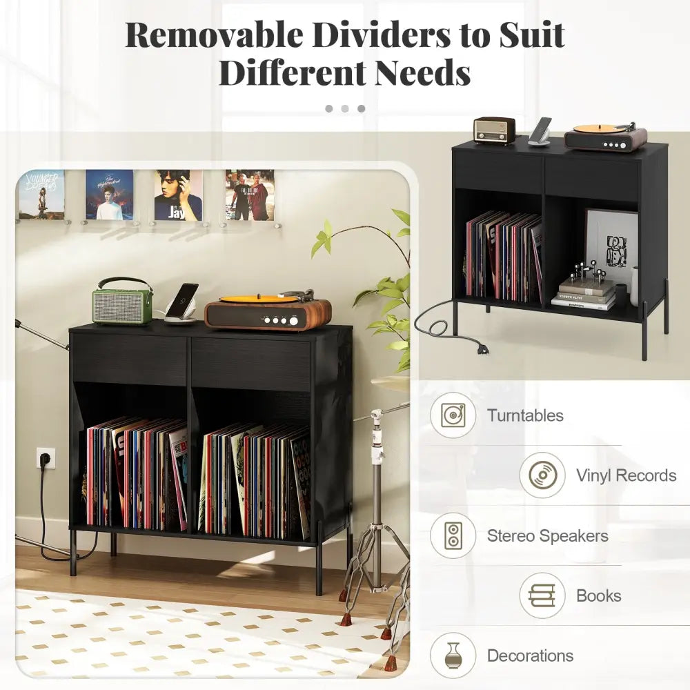 Record Player Stand with Power Outlets Double Wide Turntable Stand Vinyl Record Storage Table-Black - Black - Cabinets