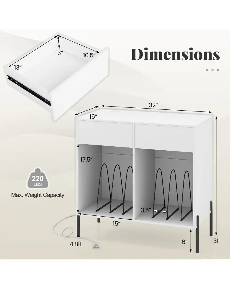 Record Player Stand with Power Outlets Double Wide Turntable Stand Vinyl Record Storage Table-White - White - Cabinets